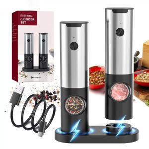เครื่องบดเกลือและพริกไทยไฟฟ้าสแตนเลสแบบชาร์จ USB ปรับระดับความละเอียดได้ สำหรับทำอาหารในครัว