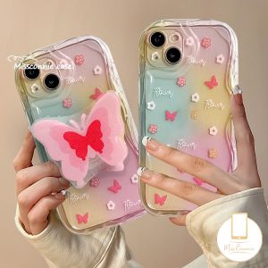 MissConnie For Realme C53 C21Y C25 C55 C35 C33 C15 C11 5s 5i 9i 6i 5 7i C25s C17 C25Y C12 C3 C30 C21 C20 C1 C31 C20A C2 Cartoon Dreamy Flowers Pink Butterfly Stand 3D Wavy Curved Edge Case