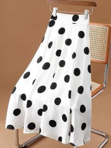 กระโปรงสั้นผ้าชีฟองเอวสูงลายจุดใหญ่ กระโปรงทรงเอยาว กระโปรงผู้หญิง ฤดูร้อน 2025 กระโปรงทรงเอเอวสูงไซส์ใหญ่
