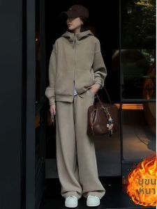 NUANPING | Thickened Fluffy Hooded Slimming Retro Womens Tracksuit Set