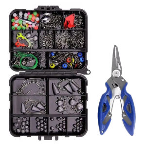 Outdoor Fishing Accessories Kit 258pcs/Box Fishing Tackle Included Plier Hooks Weights Sinkers Swivels Beads Gear and Equipment