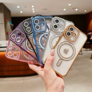 CrashStar Magsafe Plating Glitter Diamond Edge Gorgeous Fashion Hard Shockproof Phone Case For iPhone 16 15 14 Pro Max Plus 13 12 Pro Max 11 Wireless Charging Phone Casing Transparent Bling Luxury Phone Cover Shell With Glitter Lens Film Protection