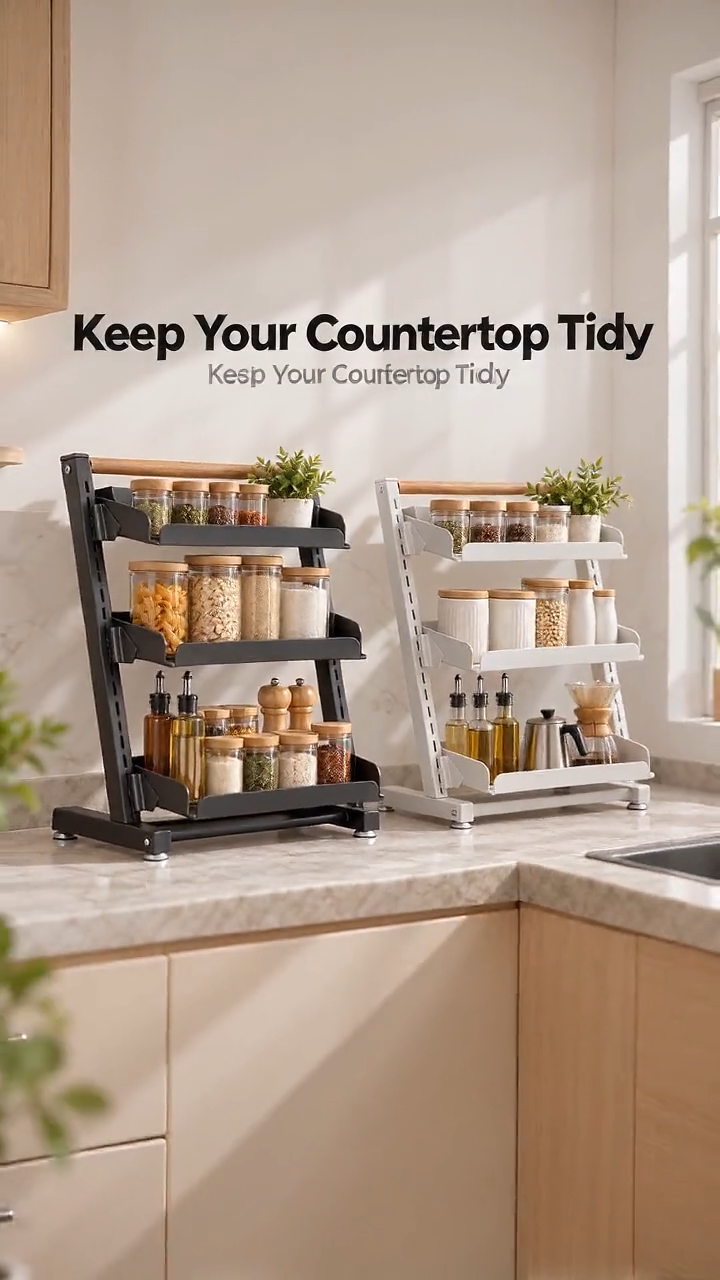3/4 Tier Kitchen Countertop Storage Rack Adjustable Spice Organizer Metal Shelf for Condiments & Snacks Black White 置物架