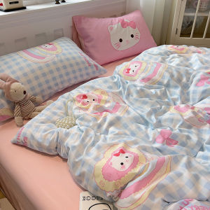 Fresh Blue Plaid Cotton Bed Sheet Set of Four Cartoon Cat Design Soft Washed Polyester Fabric Dormitory Quilt Cover Sheet
