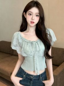 GUZILIAN | Lace Patchwork One-Shoulder Short Sleeve Shaping T-Shirt