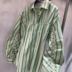 New 2024 Womens Loose Fit Striped Shirt Design Sensation Folded Hemline Commute Style Long Sleeve Polo Collar Button Detail