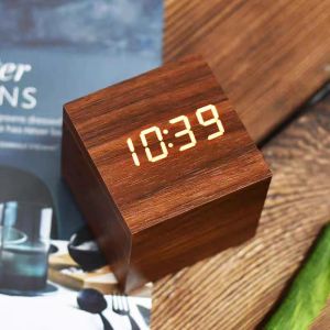 Wooden Digital Alarm Clock with Temperature Cube Art Ornaments Decoration Supplies USB/AAA Powered Electronic Desktop Clocks