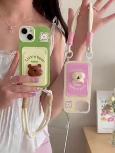 3D paste cute teddy bear doll card phone bag case for iPhone 11 12 13 14 15 Pro Max Plus casing TPU soft cover with hanging rope for iphone16 case