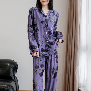 Luxurious Cotton Silk Sleepwear Set Long Sleeve Open Cardigan Pants Womens Home Clothes plus Size Outerwear Pale Purple