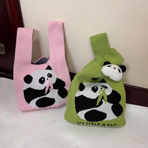 Cute Knitted Handbag Panda Grandpa Wristlet Bag Breathable Portable Storage Tote Soft Polyester Material Commuter Style Foldable
