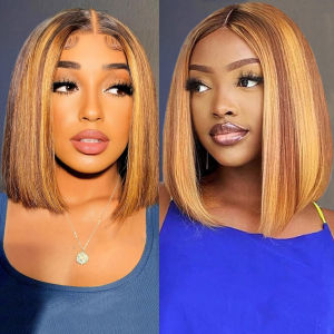 Highlight 4/27 Brown Blonde Color Straight 13x4 Lace Frontal Bob Wig Transparent Lace Human Hair Frontal Short Wig For Women