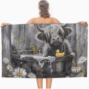The Oversized Beach Towel Features A Highland Cow Duck Pattern Absorbent and Quick Drying Blanket Is Travel and Bathroom Use