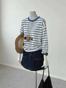 Chao Level Recommendation! Korean Style round Neck Striped Linen Sun Protection Knitted Top Women Thin Ice Silk Upper Body T-Shirt