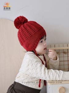 หมวกไหมพรมหนาสำหรับเด็กผู้หญิง สีแดง เสื้อคลุมหูแบบสวมหัว หมวกผ้าฝ้ายผสม หมวกเด็ก หมวกฤดูใบไม้ร่วงและฤดูหนาว