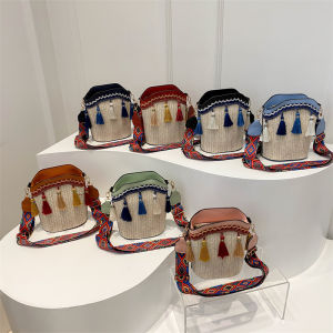 Fashionable 2025 Womens Mini Bucket Bag Slant Cross Single Shoulder Ethnic Style Tassel PU Leather Handbag Casual Purse