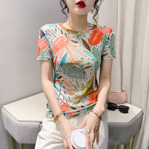 AIYIKU Tay Ngắn Cổ Tròn Áo Phông In Hình Dành Cho Nữ Định Vị Thời Trang Mùa Hè 2023 Gạc Hoa Áo Lưới Ôm Dáng Thanh Mảnh Sành Điệu Và Xu Hướng Áo Phong Cách Hoài Cổ