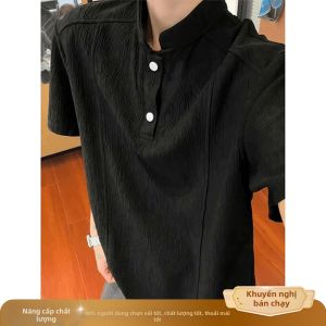 ZHUOCAN | Áo Thun Nam Tay Ngắn Mùa Hè Cổ Henley Màu Xám