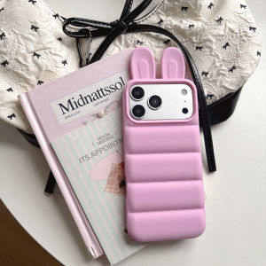 EOENKK | INS 3D Bunny Ear Down Jacket Silicone Phone Case For iPhone 12 13 14 15 16 17 Pro Max 14 15 16 17 Pro Shockproof Back Cover