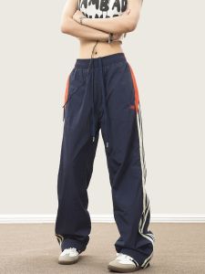 American Retro Color Block Striped Loose Hip Hop Sports Pants Quick Dry Casual Thin Wide Leg Long Trousers for Men And Women