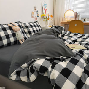 Pure Cotton Bedding Set for Students Dormitory Single Brushed Bed Canopy Male Model Checkered Simple Style Four-Piece Bedding Set