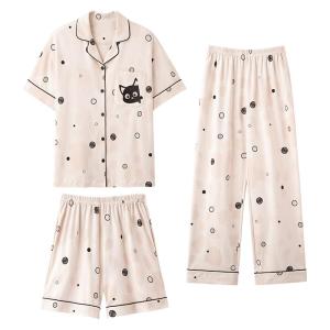 Miiow | Pure Cotton Sleepwear Womens Casual Home Clothes Set Short Sleeve Long Pants Three-piece Set Can Be Worn Outside MiiOW Cat Person