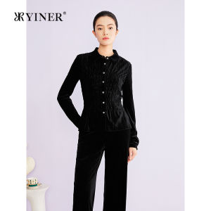 Retro Fashion Elaborately Gathered Pliated Waist-Cinched Velvet Shirt