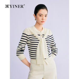 Contrast Stripe Bow Decoration Round Neck Knitwear
