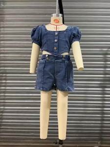 Europe and America Cross Border Children's Clothing: Girls Summer Shrink Collar Bishop Sleeves Top & Denim Suit