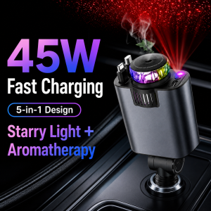 45W Retractable Car Charger with Starry Light Aromatherapy Diffuser Built-in Lightning USB-C Cable Type-C Fast Charging Adapter
