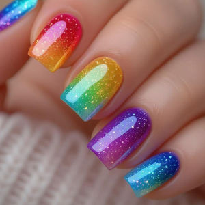 Short Fake Nails for Women Girls Y2K Gradient Candy Rainbow Colors Square Shaped Glossy Nail Tips Full Cover Press On False Nail