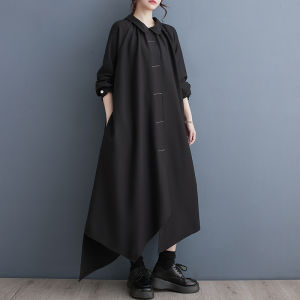 Slimming Effect Long Dress Spring New Loose Splicing Irregular Hemline Dark Color Contrast Womens plus Size Casual Dress