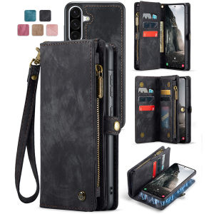 2 in 1 Detachable for Samsung Galaxy S25 S24 ULTRA S25 S24 PLUS S25 S24 FE Wallet Case with Card Holder Retro Premium Flip Leather Cover Magnetic Zipper Pocket Phone Cases (Black)