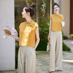 Retro Chinese Button Cotton Linen Set Womens Summer New Fashion Beautiful Wide Leg Pants Two Piece Set Elegant Stylish