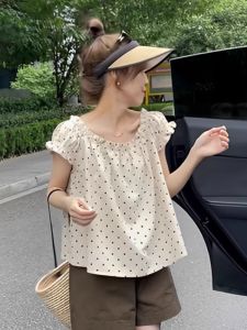 Polka Dot Short Sleeve Womens Shirt Summer French Style One Shoulder Design Sense Elegance Loose Belly Covering Top