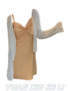 Fresh Small Checkered A-Line Dress Set Womens Miniature Gown with Butterfly Knot Strap Long Sleeve Commute Style Spring Autumn