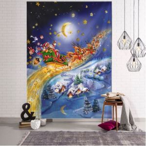 VIKAMA Santa Claus Sleigh Christmas Wall Tapestry Red Suit Snow Stone House Cardinal Bird Lantern Sled Holiday Festive Decor