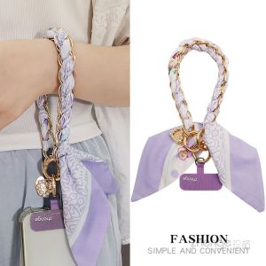 Elegant Womens Short Mobile Phone Lanyard with Silk Scarf Handle Keychain High-End Fashion Lightweight Luxury Phone Case Cover Anti-Loss Alloy Chain Accessory