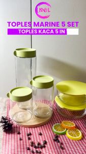 ( BISA COD ) PROMO Toples Marine 5in1 / Toples Kaca Set / Toples Kue / Food Storage / Tempat Cemilan / Wadah Makanan / Toples Kaca Polos / Toples Set Isi 5