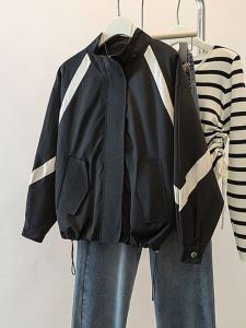 Loose Sporty Womens Jacket plus Size Black White Windbreaker Outerwear Thin Style Casual Autumn New Arrival Slimming Effect