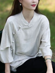 Original Design Spring 2025 Cotton Linen Womens Retro New Chinese Ethnic Style Side Buttoned Top Shirt Outerwear Tea Costume