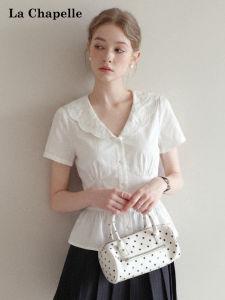 La Chapelle | Flared Collar Ruffle Hem Short Sleeve Slim Fit Summer Womens Shirt