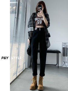 กางเกงยีนส์ทรงหลวมเอวสูงสีดำ ทรงสลิมฟิต ทรงขากระบอกยาว ทรงฮาราจูกุ กางเกงยีนส์ทรงเดนิมสำหรับผู้หญิง