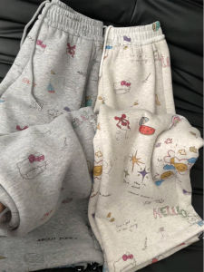 Kt Cat Print High Waist Wide Leg Pants Womens Autumn Winter Thickened Fleece Lined Straight Cut Sports Sweatpants