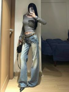 กางเกงยีนส์ทรงขาบานเอวต่ำสำหรับผู้หญิง กางเกงขายาวทรงขาบานสไตล์วินเทจ ทรงหลวม ทรงเข้ารูป กางเกงขายาวทรงขาบาน