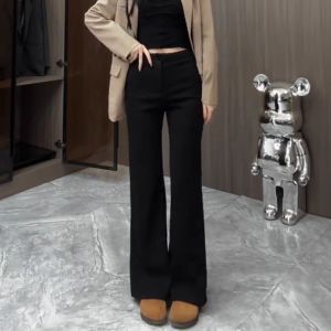 2025 New Black Casual Straight Leg Trousers Womens High Waist Slimming Narrow Version Flared Pants Commute Style Polyester Fiber