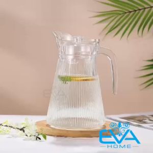 Bình Thuỷ Tinh Đựng Nước 1.6L Quai Cầm Miệng Rót Dáng Eo Thẳng Sọc EH1009-2B Vertical Stripe Glass Pitcher Jar 1600ML