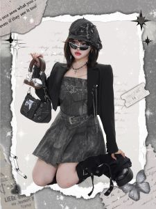 ชุดเดรสสั้นผ้าเดนิมสไตล์อเมริกันพร้อมเสื้อคลุมคอวีแขนยาวสไตล์ปUNK Hardcandy ไซส์ใหญ่ ดีไซน์เรียบง่าย สไตล์หวาน