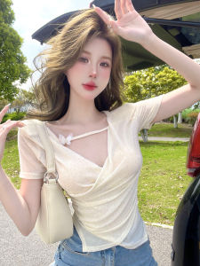 Sweet Hot Rhinestone Western Style V-neck Crossover Tops Womens Thin Summer Pure Desire Bows Irregular Slim-Fit Short Sleeve T-Shirt