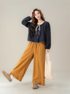 SHANGWEILUO | Áo Blouse Dài Tay Cổ Tròn Màu Xanh Đậm Kiểu Retro Rộng Rãi