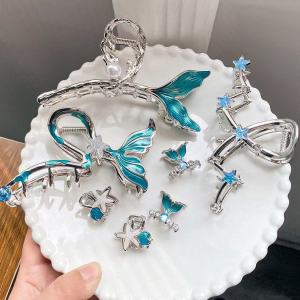 1 PC สีฟ้า Fishtail โลหะคว้าคลิปขนาดใหญ่อารมณ์ปลาดาวที่สวยงาม hairpinด้านหลังหัว SHARK คลิปเครื่องประดับผม